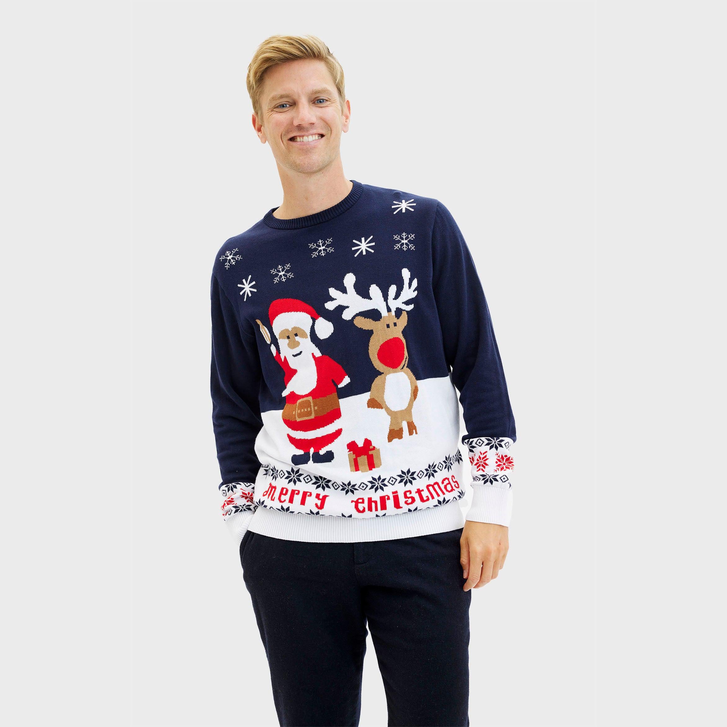 Blauer Weihnachts-pullover Herren aus Baumwolle mit Santa und Rentier, nachhaltiger Stoff.