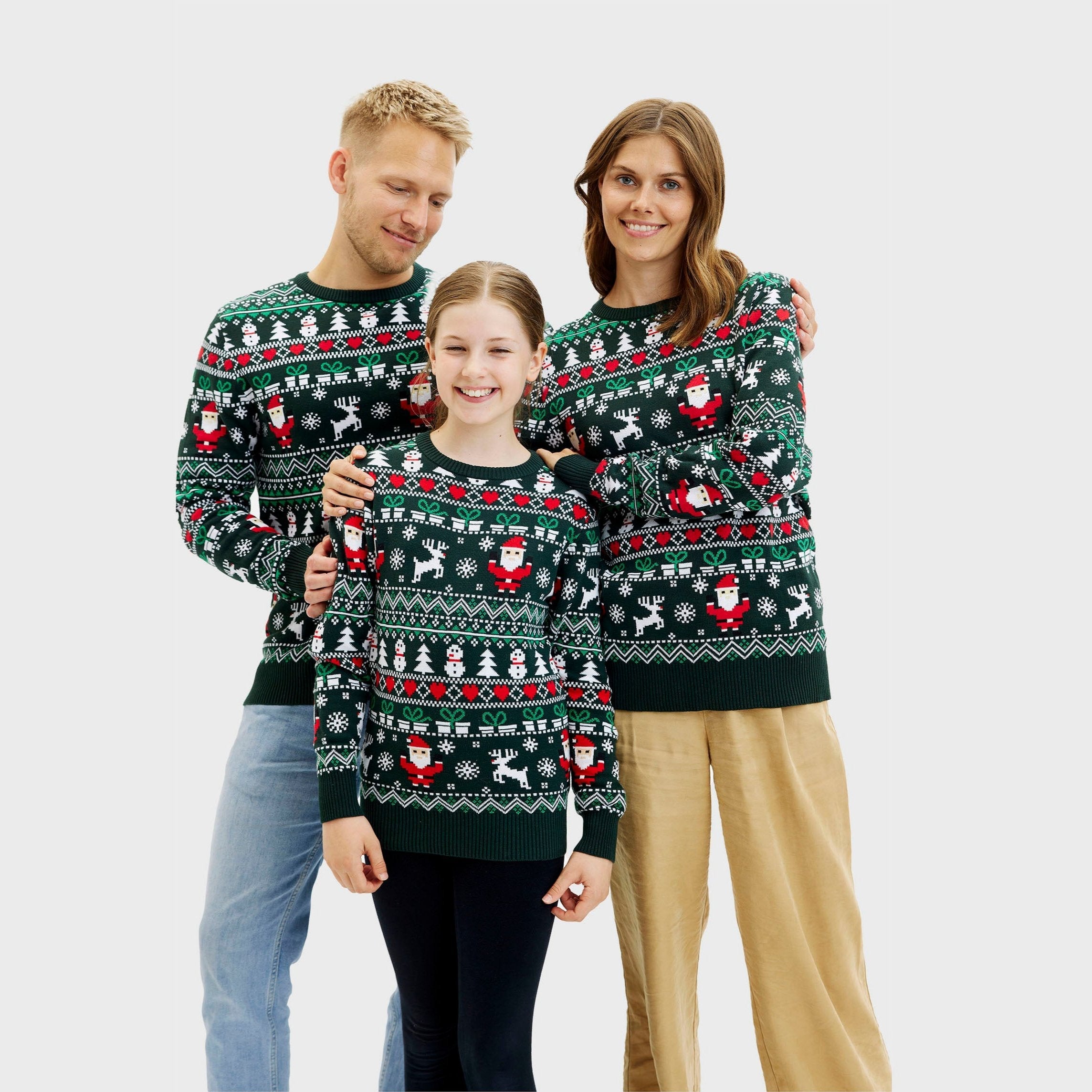 Grüner weihnachtspullover mit Rentier- und Weihnachtsmannmotiven, kinderweihnachtspullover für Jungen.