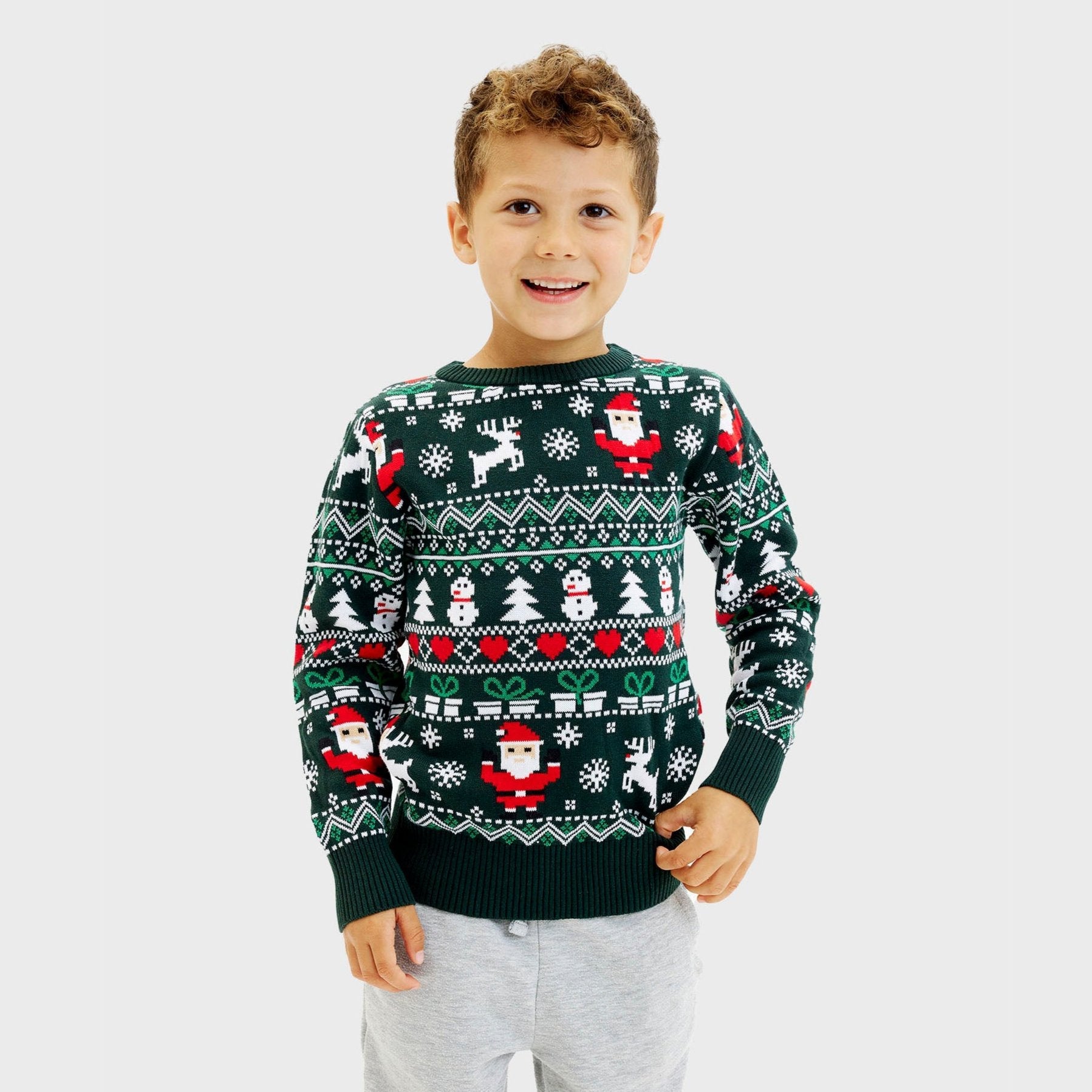 Grüner Kinder-Weihnachtspullover mit Rentier-, Weihnachtsmann- und Schneeflockenmuster, nachhaltiger Weihnachtspullover.