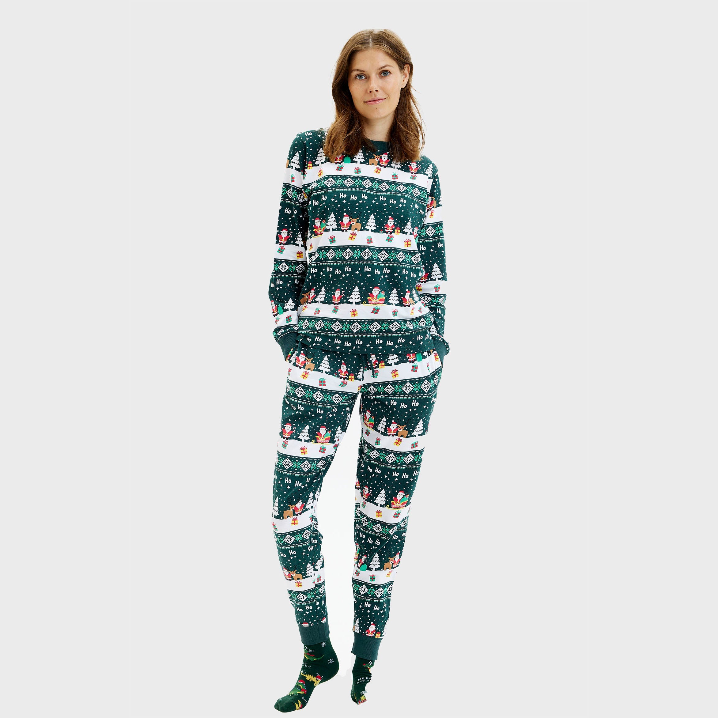 Damen Weihnachtspyjama aus weichem Stoff mit grünem, weißem und rotem Wintermuster, Motiv mit Schneemännern und.