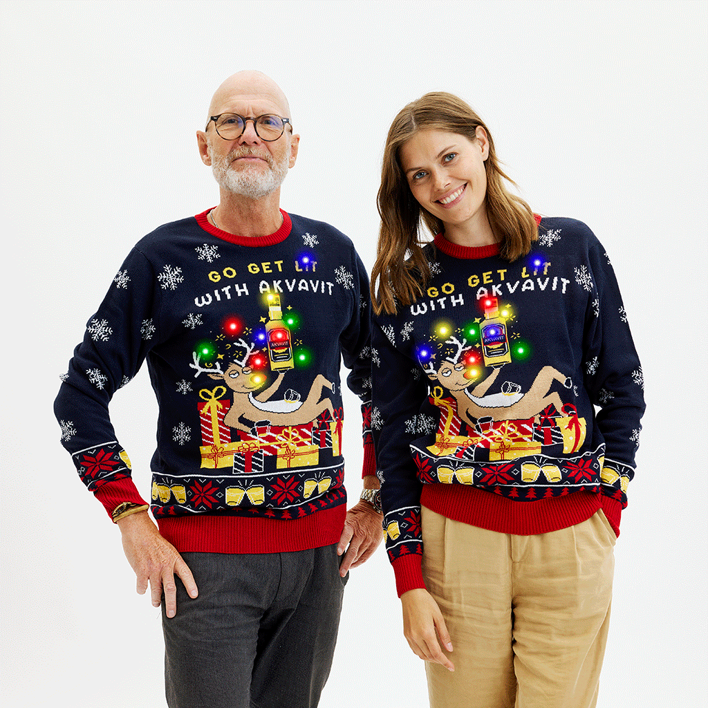 Navyblauer Weihnachtspullover Herren mit buntem Akvavit-Motiv, roten Bündchen und Weihnachtsdesign-Men und Damen in.