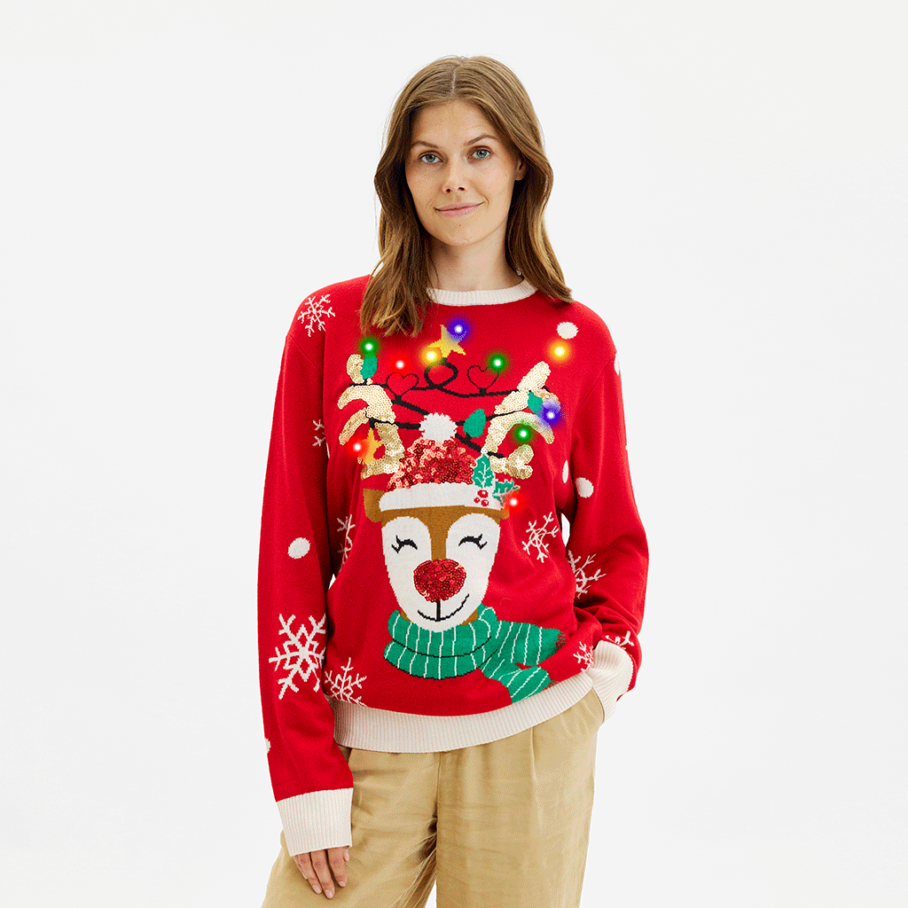 Roter Weihnachtspullover Damen mit Rentiermotiv und bunten Lichtern, weihnachtspullover damen.