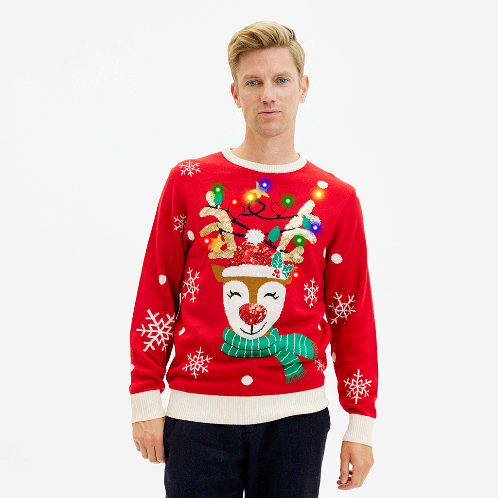 Roter Weihnachtspullover Herren mit Rentiermotiv, Schneeflocken und bunten Lichtern, weihnachtspullover herren.