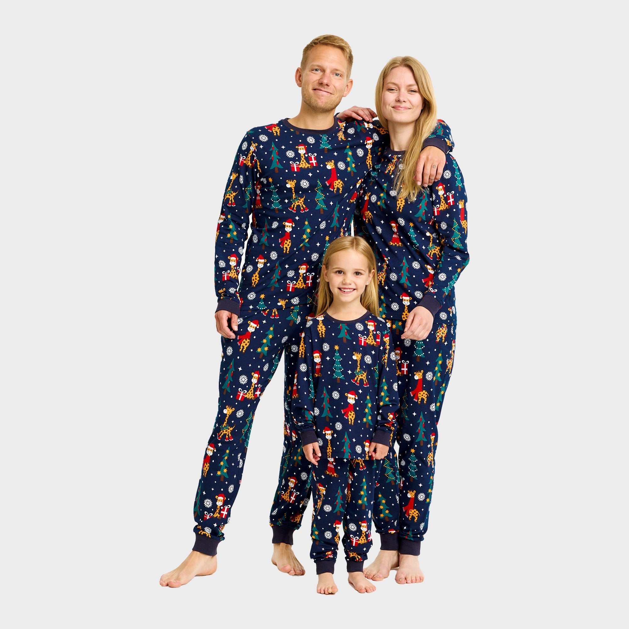 Dunkelblauer Weihnachts-Schlafanzug Herren Damen Kinder mit buntem Giraffenmuster weihnachtspyjama weihnachtspullover.