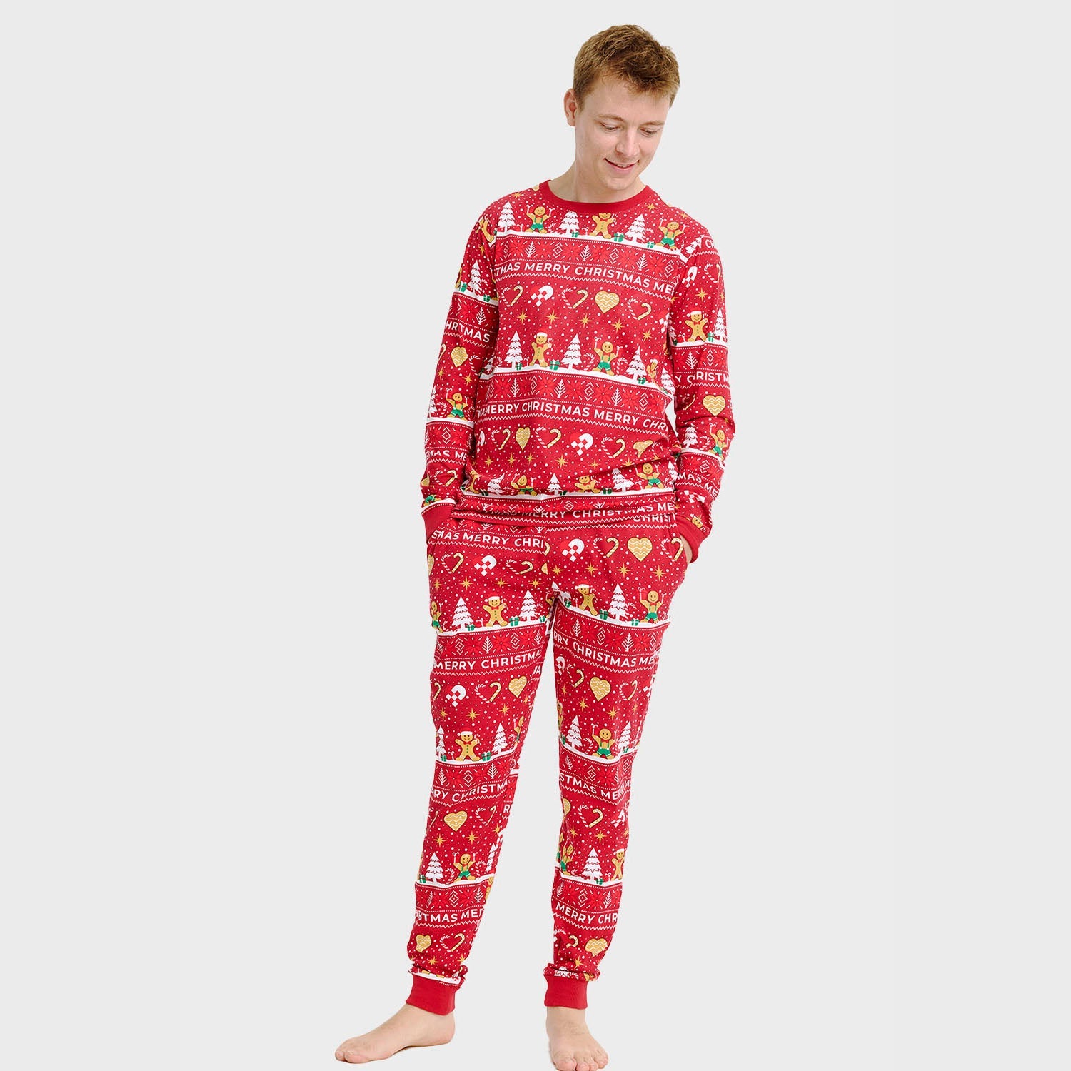 Roter Weihnachts-Overall mit Rentier- und Schneeflockenmuster, unisex Weihnachtspyjama Herren und Damen.