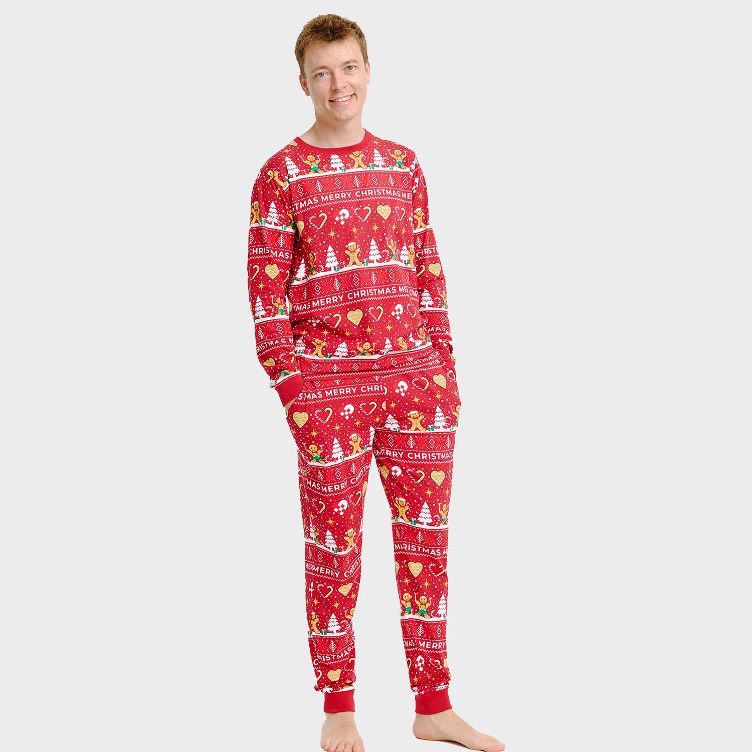 Roter Weihnachtskeks Weihnachtspyjama Herren mit Lebkuchenmuster, weihnachtspullover herren Design.