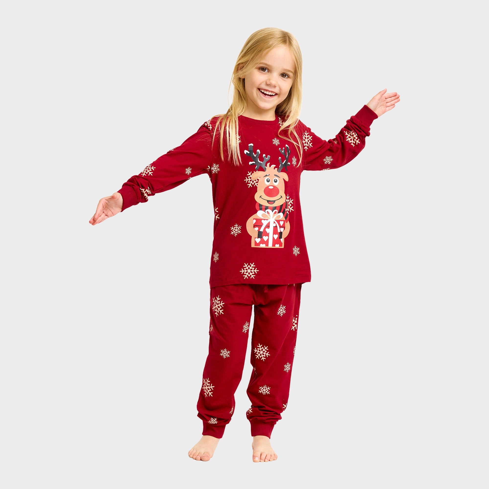 Rote Weihnachtspyjama Kinder mit Rentier und Schneeflocken, weihnachtspullover damen und herren inspiriert.