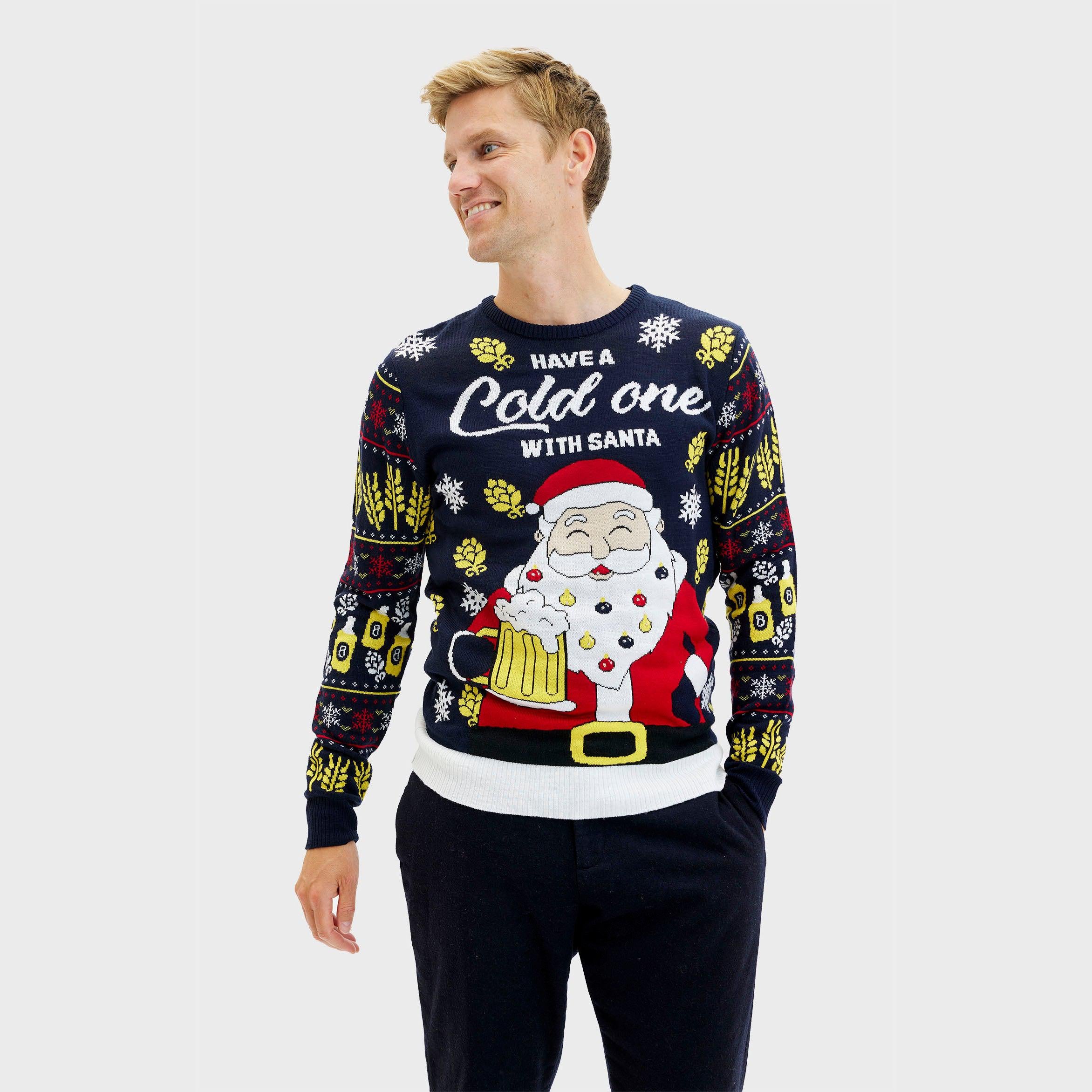 Dunkelblauer Weihnachtsstrickpullover Herren mit beleuchtetem Santa-Motiv und festlichen Mustern, Weich acryl,.