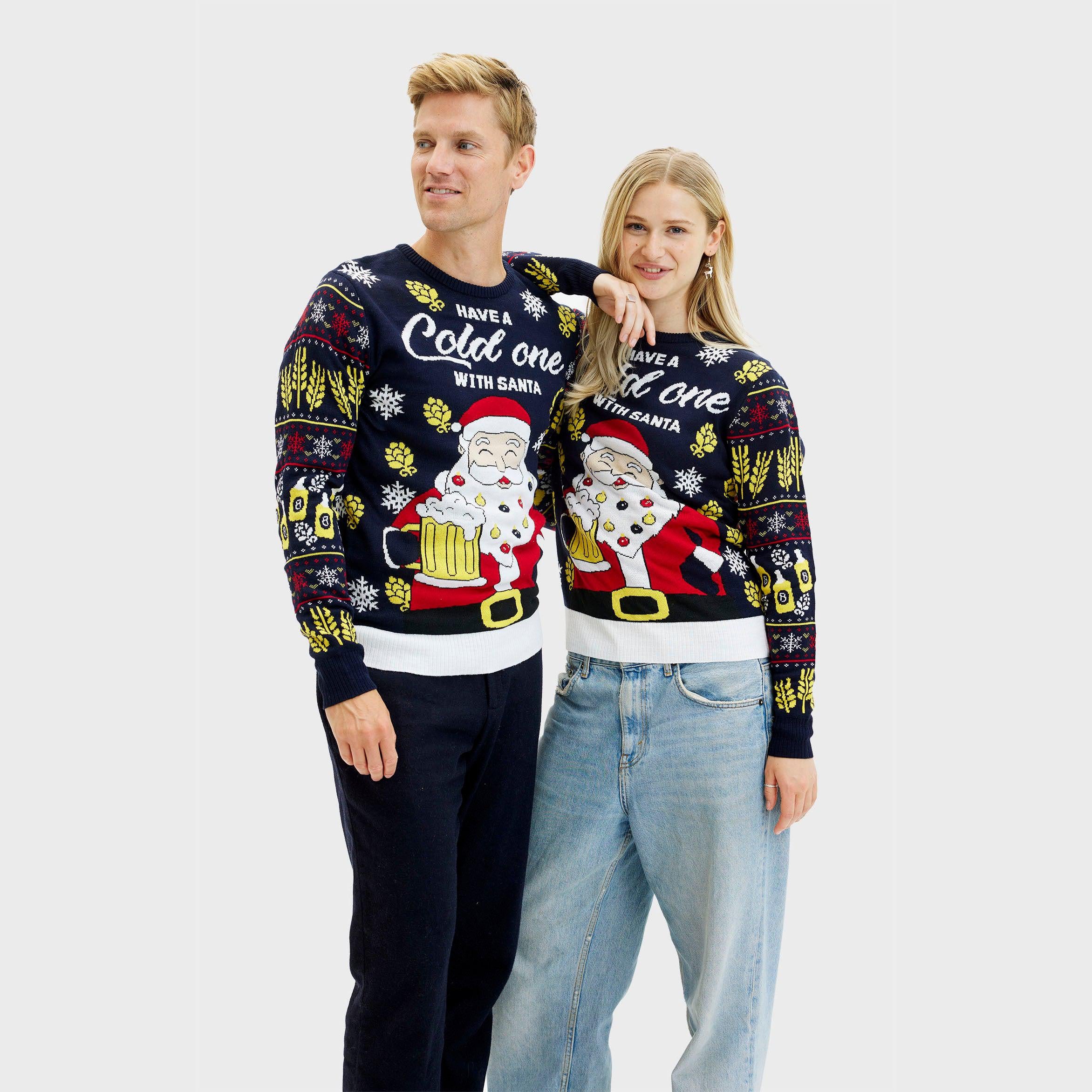 Weihnachtspullover Herren und Damen mit beleuchtetem Weihnachtsmann-Motiv und Bierkrug in Acryl.