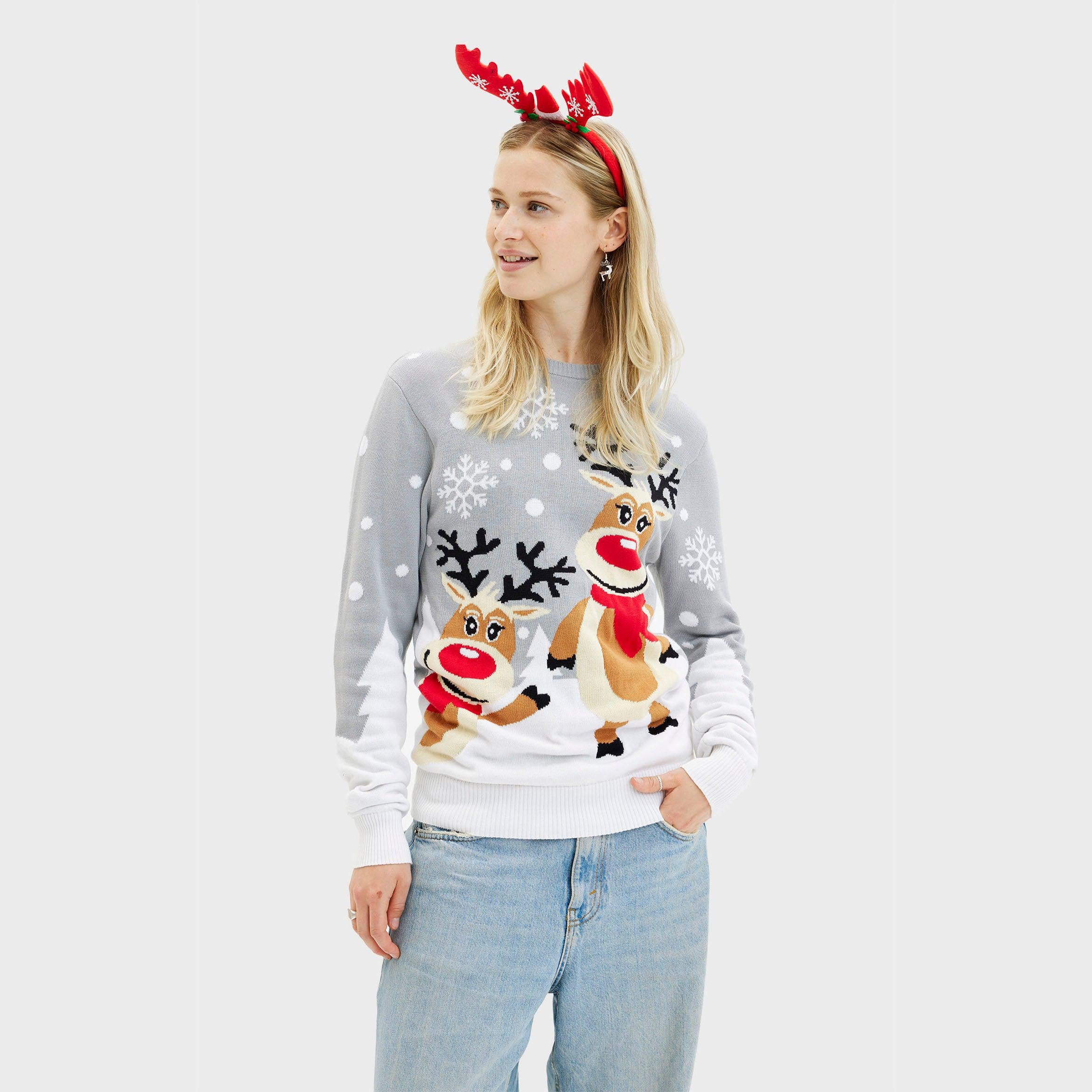 Grauer Weihnachtspullover Damen mit Rentier- und Schneeflockenmotiv, nachhaltig aus Baumwolle, XS.