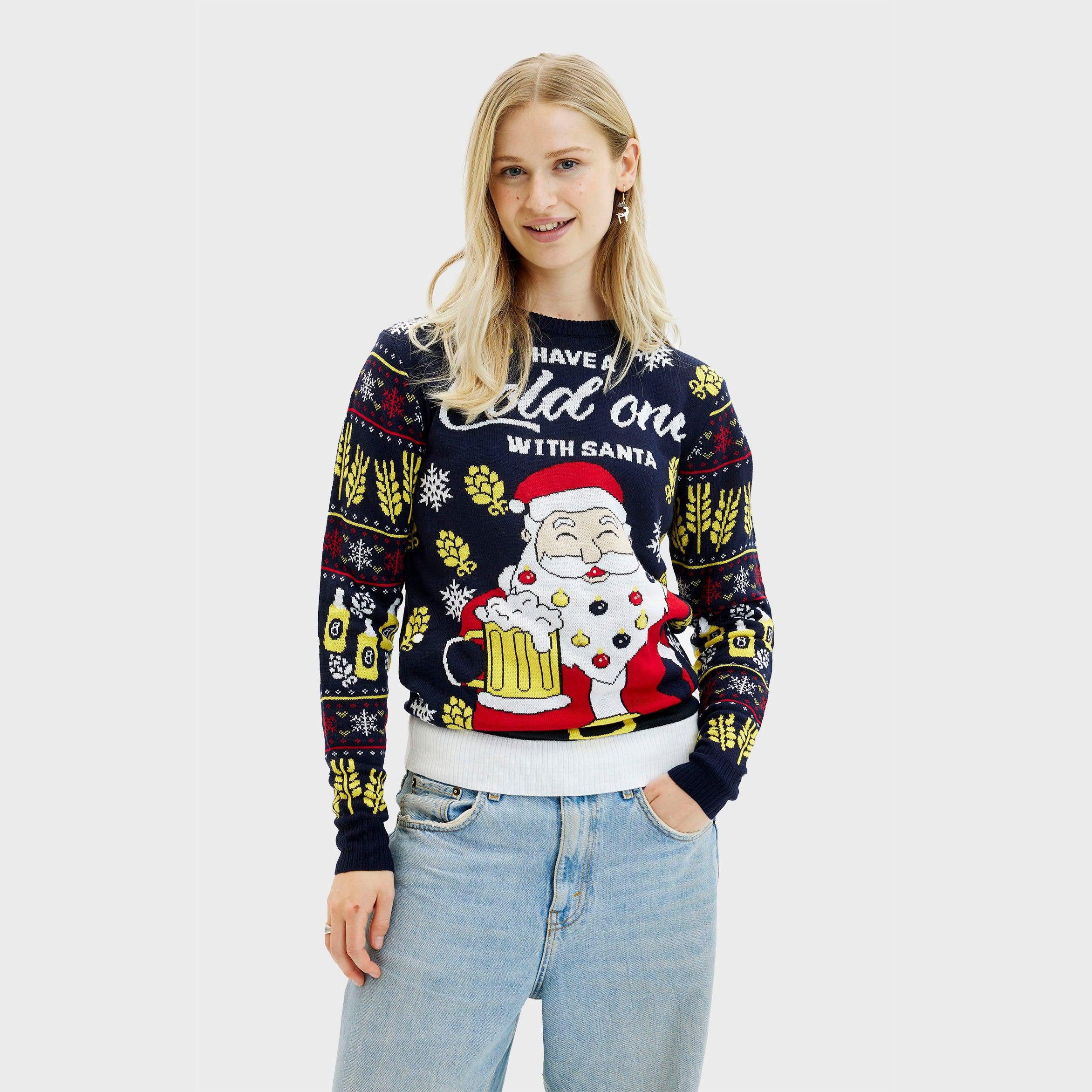 Damen Weihnachtspullover mit leuchtendem Santa-Motiv und Bierkrug, Acryl, festlich bunt.