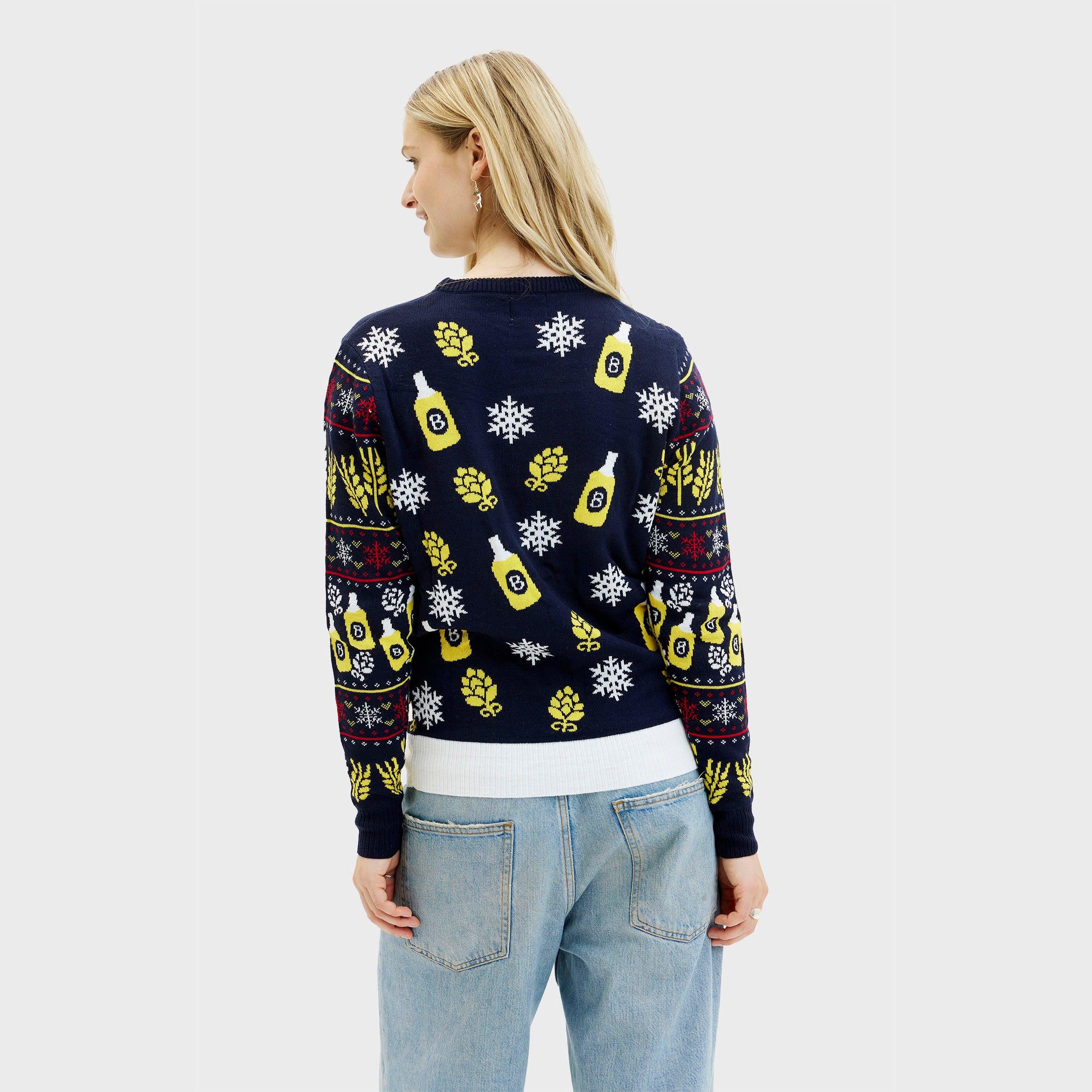 Damen Weihnachtspullover in Dunkelblau mit Bierflaschen- und Schneeflockenmuster, Acryl</s>.