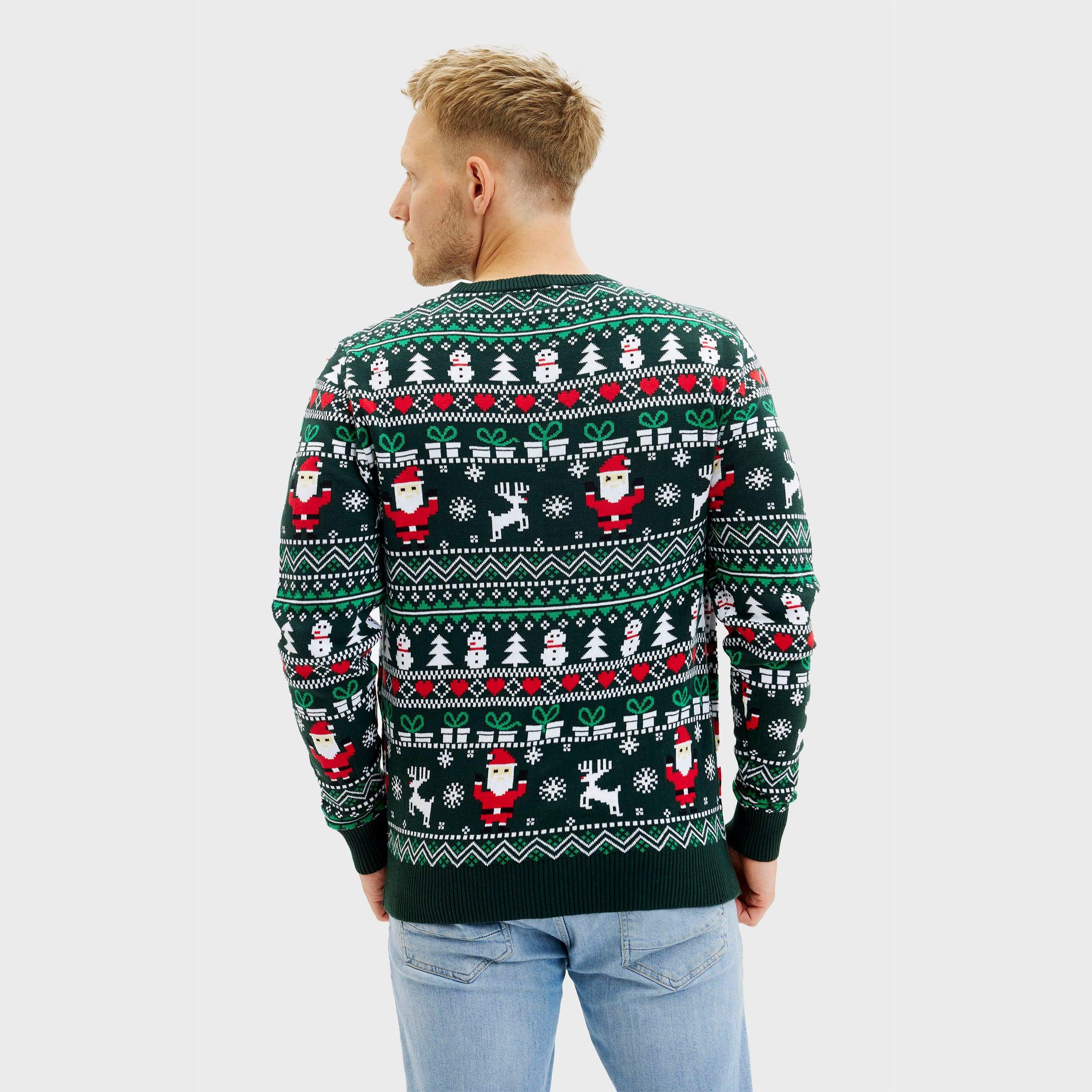 Grüner Weihnachtsstrickpullover Herren mit Rentieren, Schneeflocken und Weihnachtsmann-Motiv, nachhaltiger Weihnachtspullover.