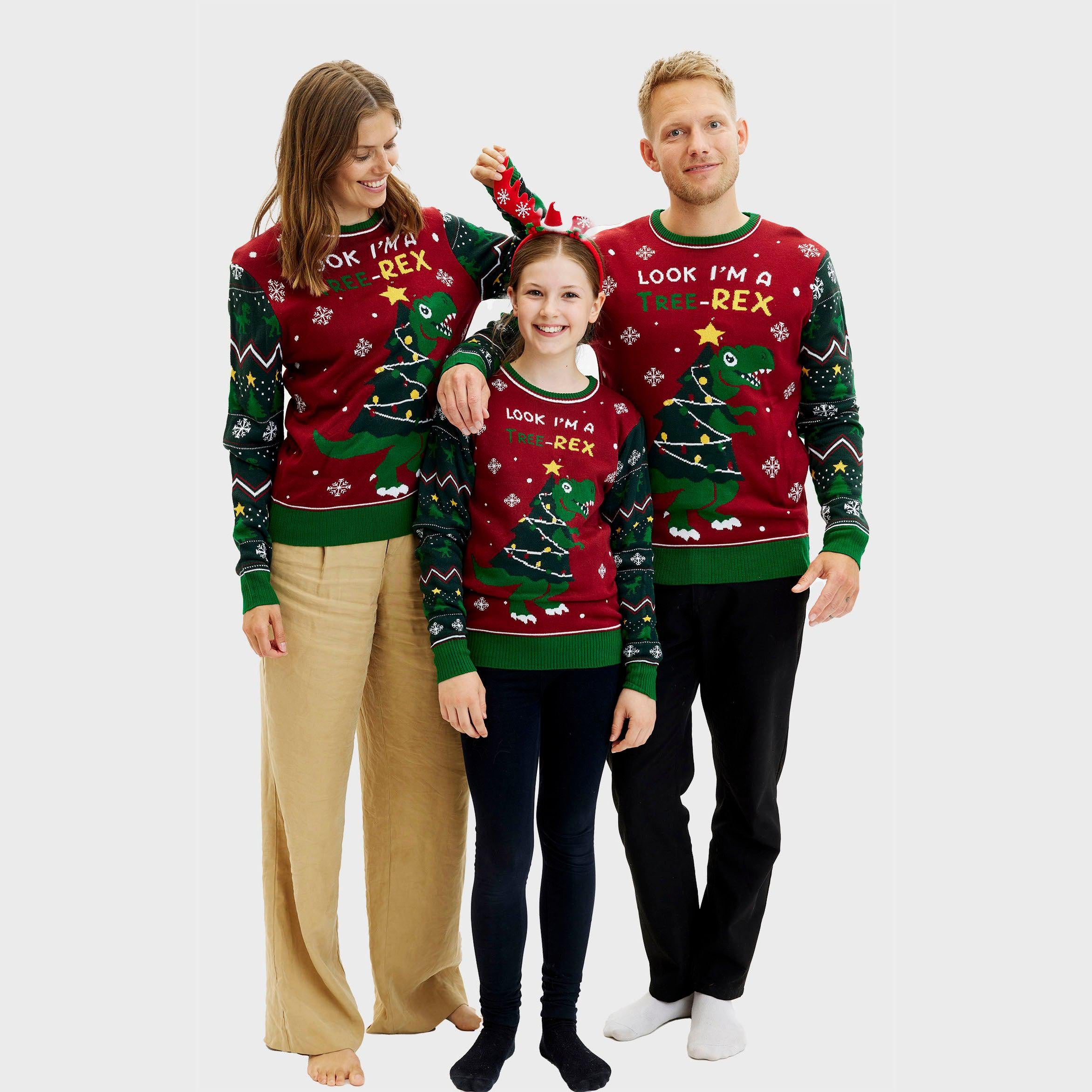 Grüner Weihnachtspullover Herren mit Weihnachtsbaum, T-Rex und roten Akzenten, zweiseitig tragbar.