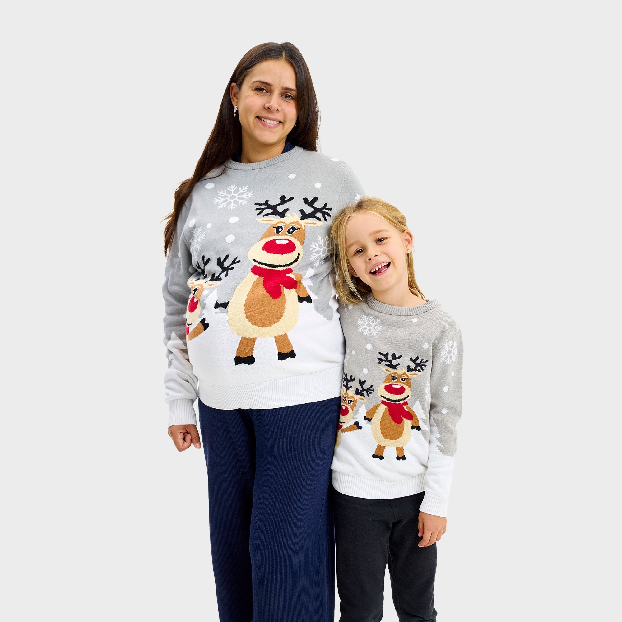 Grau-weißer Weihnachtspullover mit Rentier-Motiv für Damen und Herren, Baumwolle, nachhaltig.