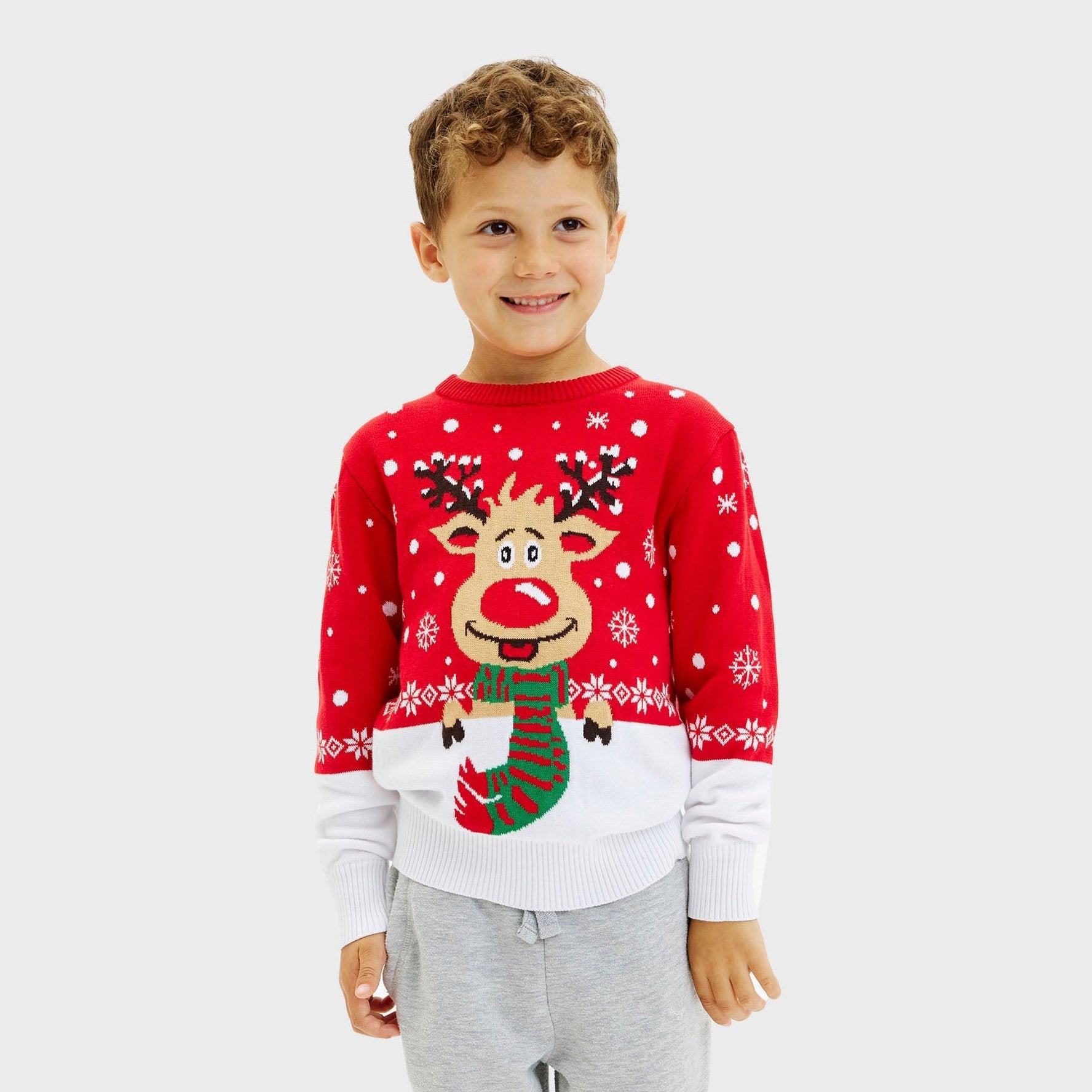 Roter Kinder-Weihnachtspullover mit fröhlichem Rentier und Schneeflocken, weihnachtspullover damen herren geeignet.