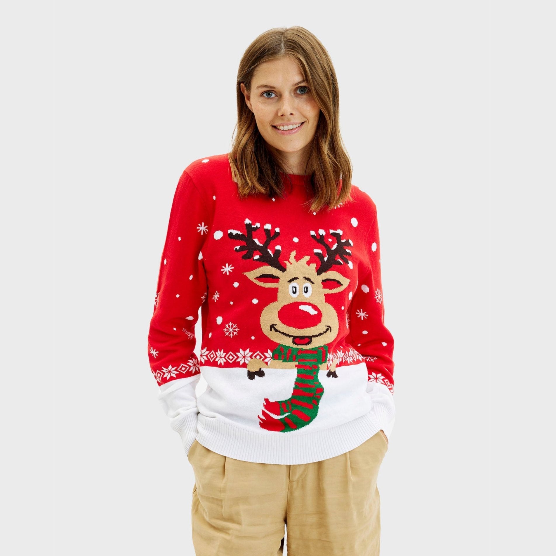 Roter Weihnachtspullover Damen mit Rentiermotiv, weihnachtspullover damen, weihnachtspyjama damen.