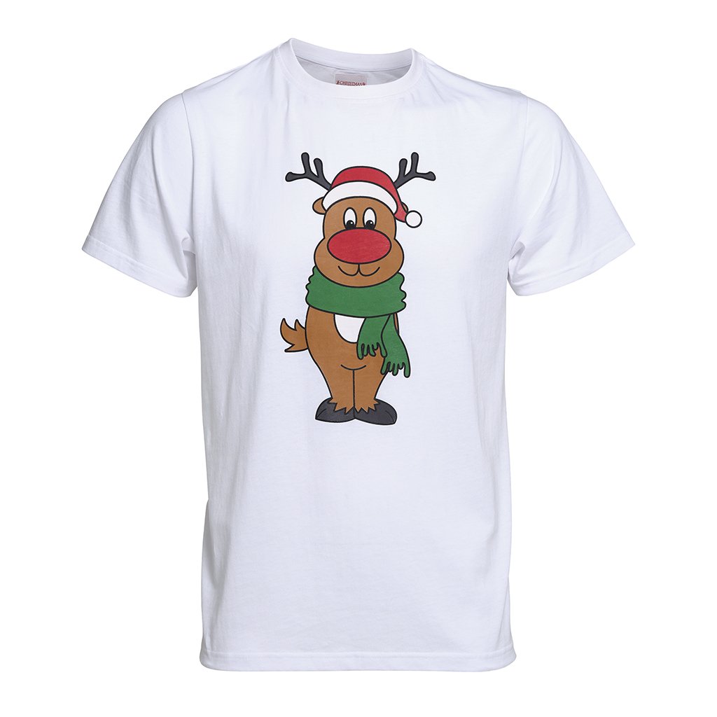 Ein weißes T-Shirt mit Rudolph darauf.