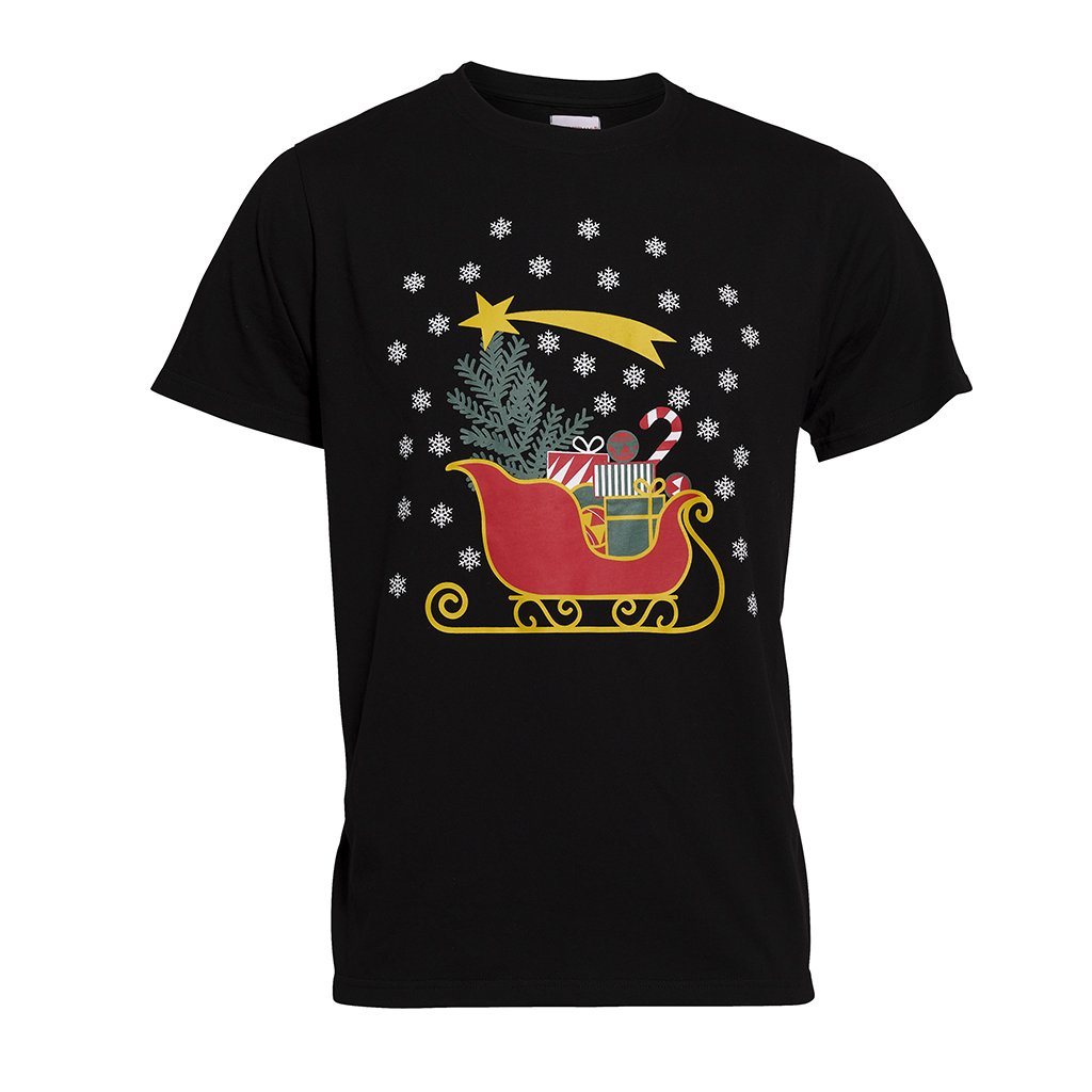 Ein schwarzes Weihnachts-T-Shirt mit dem Schlitten des Weihnachtsmanns.