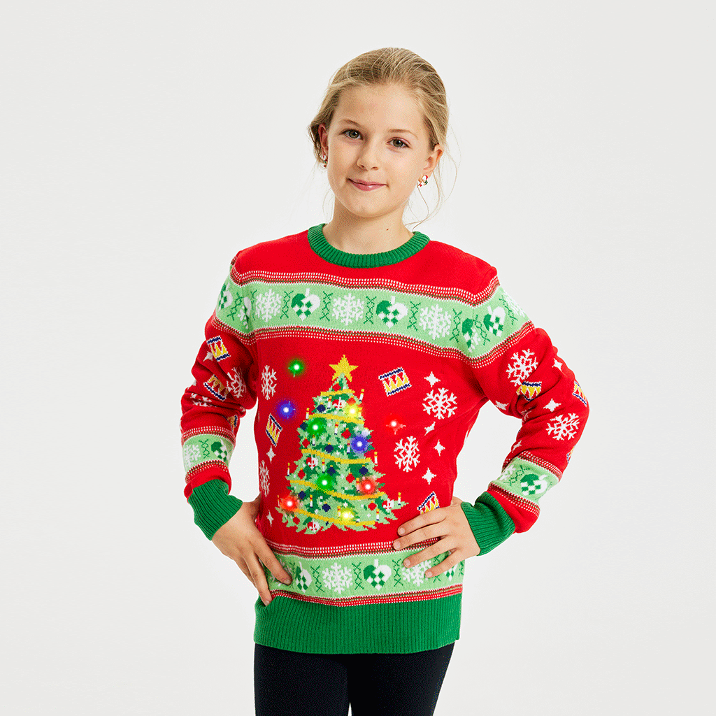 Weihnachtspulli Mit Weihnachtsbaum LED Rot - Kinder