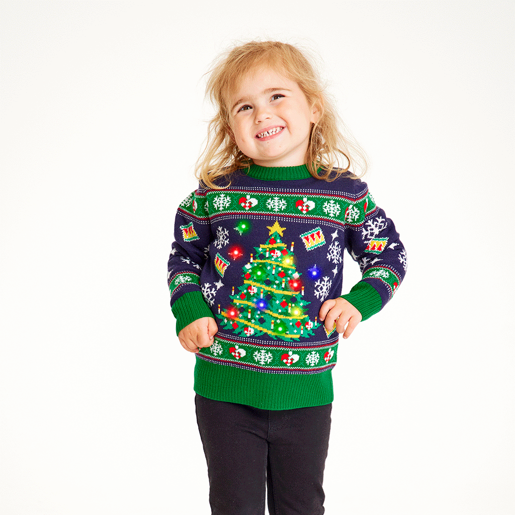 Navy Weihnachtsstrickpullover für Kinder mit leuchtendem LED-Weihnachtsbaum und grünen Bündchen.